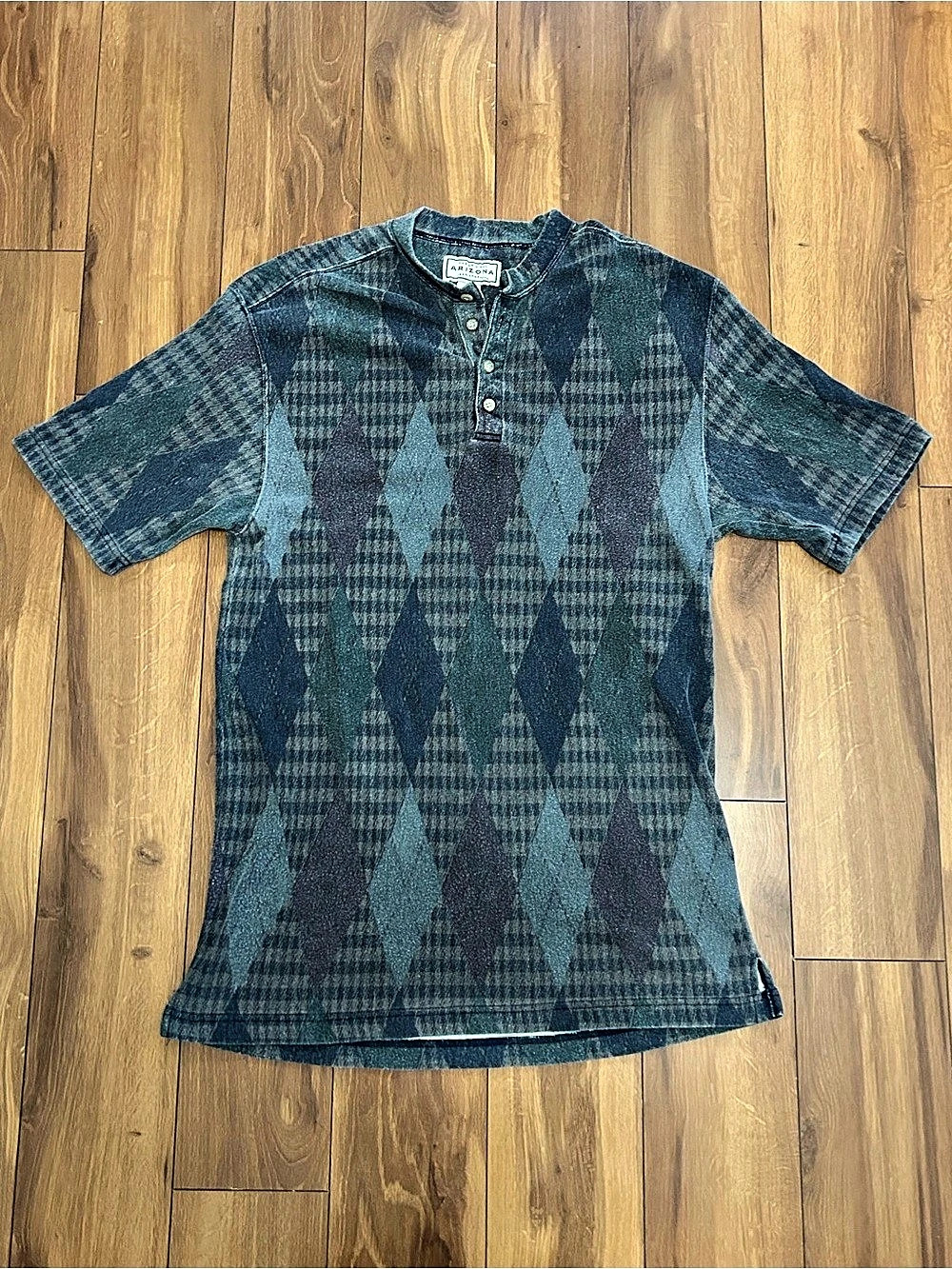 Vintage 90s Arizona Jean Co. Argyle Henley Polo Shirt Size M Diamond Patterns